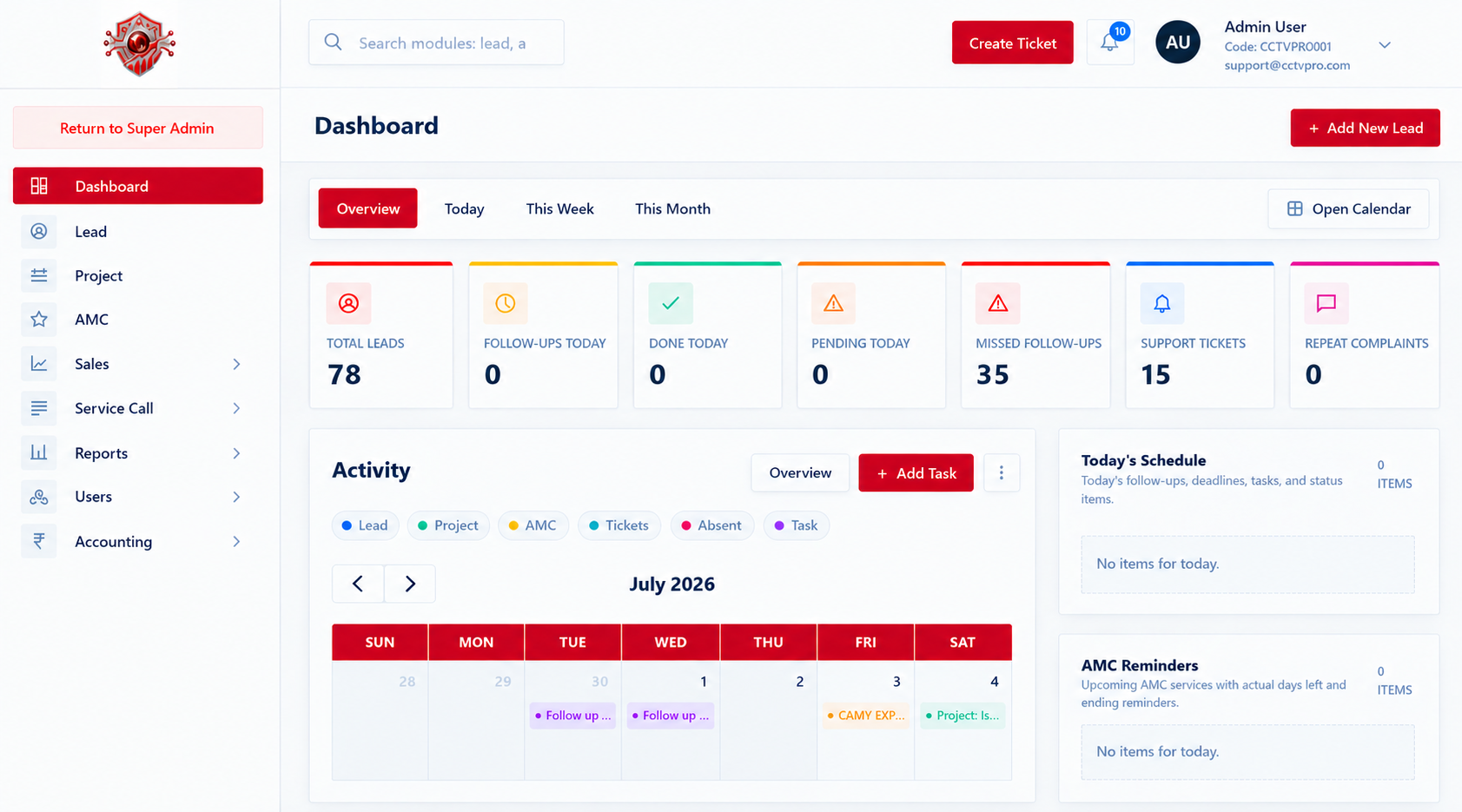 CCTVPro admin dashboard with leads, follow-ups and activity calendar